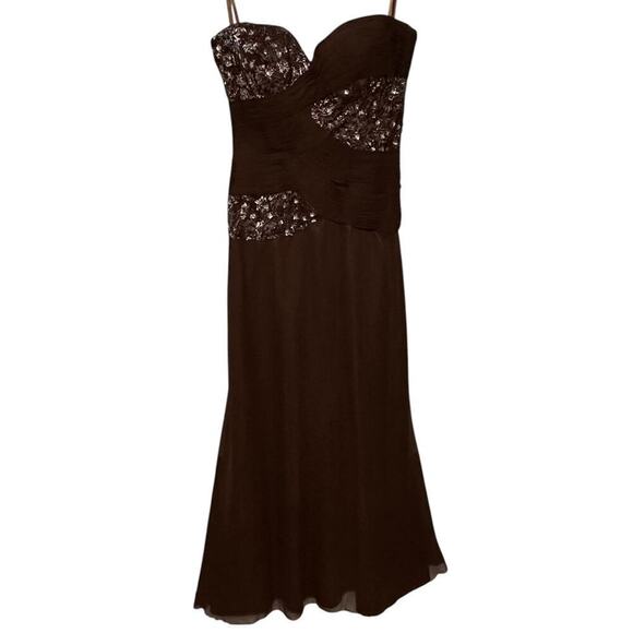Jovani Strapless Pleated Sequence Full Length Evening Prom Gown Brown (16) - Picture 2 of 13
